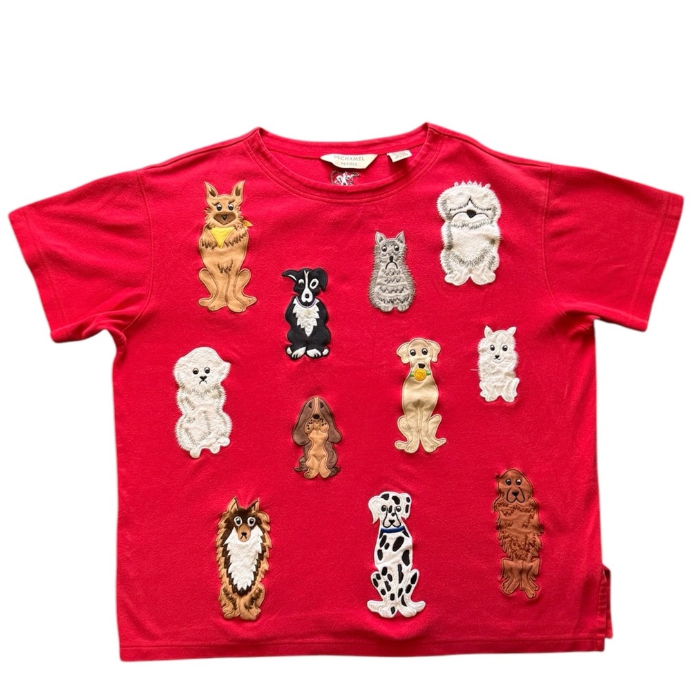 Bechamel Womens Cotton T-Shirt Red Short Sleeve Dog Embroidered Sz Petite Large